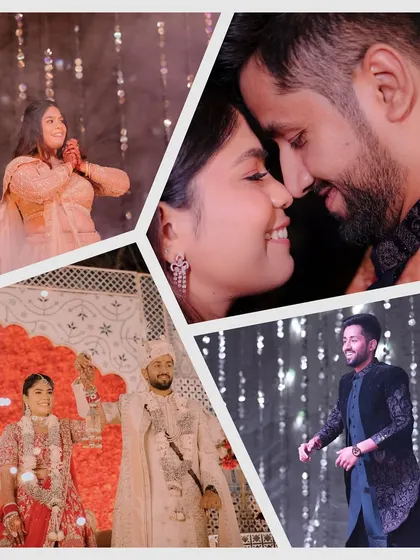 This collage captures the full spectrum of a wedding celebration, from the couple's romantic close-up and their wedding day rituals to the energetic dance performances during the Sangeet.