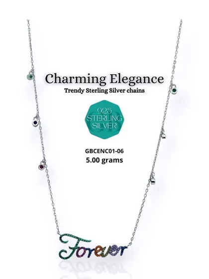 A beautiful 92.5 sterling silver chain with a "Forever" pendant in multicolor stones. The chain itself is also dotted with tiny colorful stones, adding to its charm.