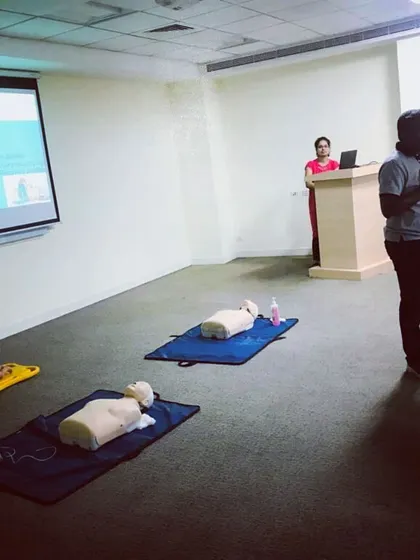 The setup for our BLS training, with adult and infant CPR mannequins ready for practice.