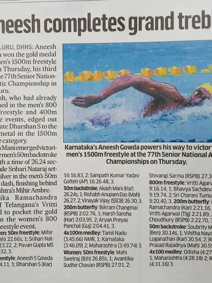 A Deccan Herald report on Aneesh Gowda completing a grand treble at the nationals.