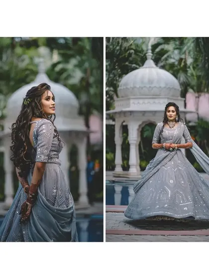 Two stunning portraits of the bride-to-be. The left shot captures her elegant profile, while the right shows the beautiful twirl of her lehenga.