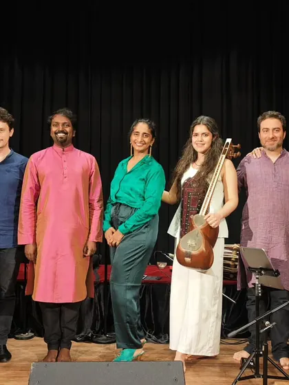 The Paris-based Kimya Ensemble on stage with Indian bansuri player Rishab Prasanna. This photo highlights our role in fostering unique Indo-French musical collaborations.
