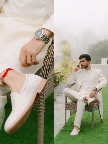 A collage showing the groom's style details. From his watch and shoes to his relaxed pose, these shots capture the essence of his wedding day look.