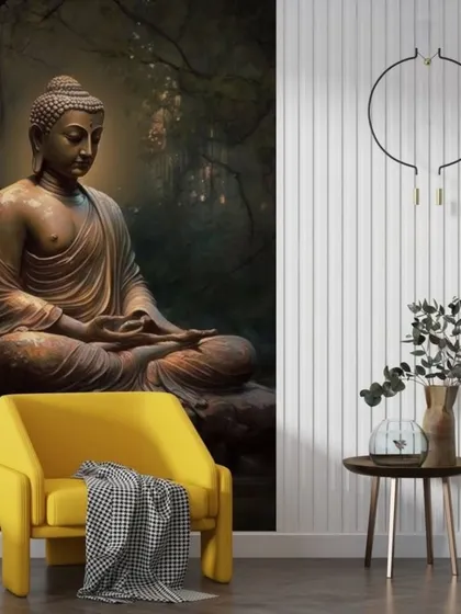 This wallpaper creates a peaceful corner with a depiction of Buddha meditating in a forest. It's a perfect design for creating a calm and reflective space.
