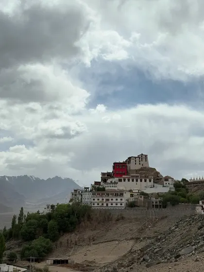 The magnificent Thiksey Monastery, perched on a hill. Visiting these ancient sites is a key part of the Ladakh experience, allowing us to meditate and absorb the profound peace of these sacred spaces.