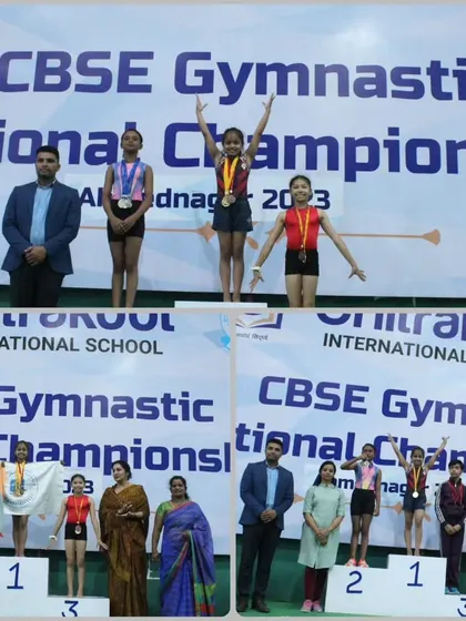 Our gymnasts on the victory podium at the CBSE Gymnastics National Championship, representing their schools and our academy with pride.