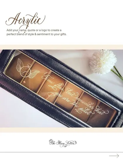 Add your name, a favorite quote, or a logo to an acrylic surface for a perfect blend of style and sentiment. This engraved watch box lid is a great example of how to personalize a modern gift.