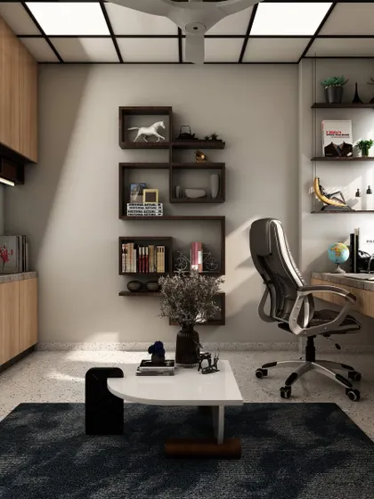 This angle of the luxury office concept shows the floating wall shelves and minimalist coffee table. The design balances professional needs with the comfort of a personal lounge.
