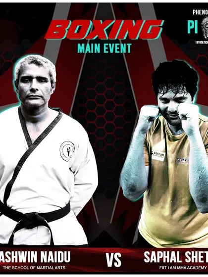 The main event fight poster for our founder, Ashwin Naidu. His willingness to step into the ring for high-stakes matches is a core part of our school's identity.