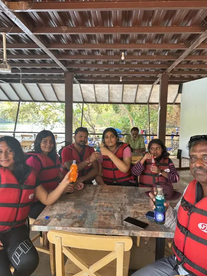 Enjoying some cold drinks after a water activity. It's important to stay hydrated and have fun.