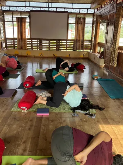 A wide shot of a Yin class, where every student is immersed in their own journey of stillness and release.