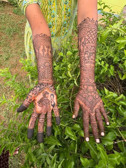 This series of photos showcases a single bridal project from different angles, highlighting the custom portraits and the detailed patterns on the arms.