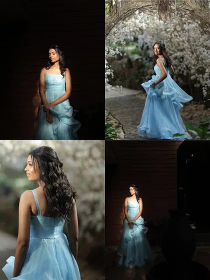 A collage showcasing the bride's elegance at her brunch event. The photos capture her in different lighting against the beautiful floral and rustic backdrops I created.