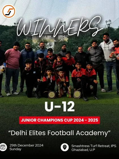 The full U-12 team and coaching staff celebrating their win at the Junior Champions Cup 2024-2025.