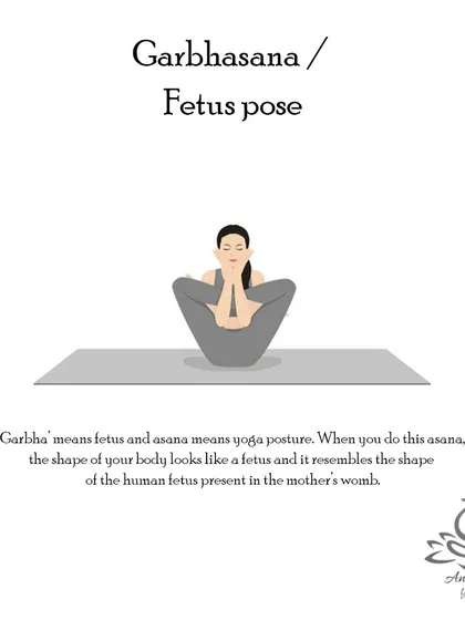 Garbhasana (Fetus Pose) tones the abdominal muscles, stimulates the gastric gland, and builds strength in the arms and shoulders.