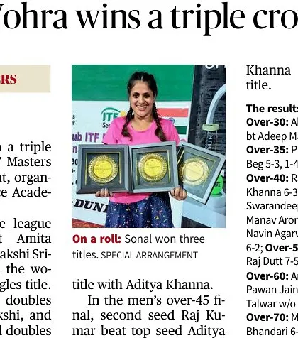 More media recognition for our player Sonal Vohra after her incredible triple crown win at the ITF Masters. Her success is an inspiration to everyone at the academy.