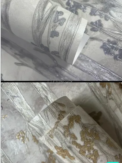 More close-up shots of the textured tree-patterned wallpaper, showing the quality of the material.