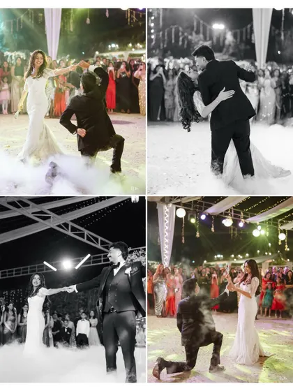 The couple's first dance, captured in a series of dynamic shots. The use of smoke and dramatic lighting, combined with black and white images, creates a cinematic and memorable sequence.