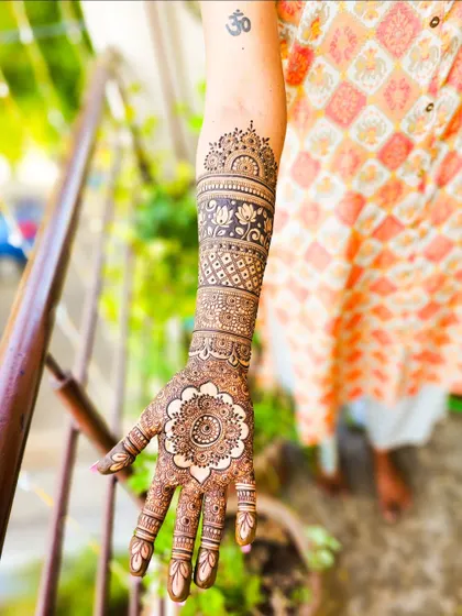 A single arm shot showing the full design, including a small Om tattoo, which I can easily work around.