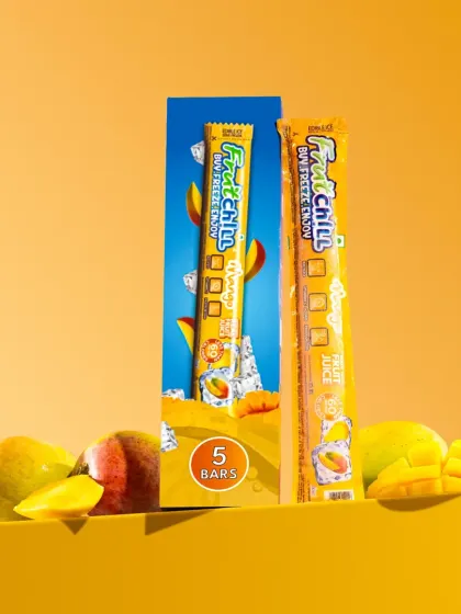 A minimalist and modern shot for Fruitchill's mango flavor. The use of geometric blocks and a two-toned orange and yellow background makes the product packaging stand out in a clean, graphic composition.