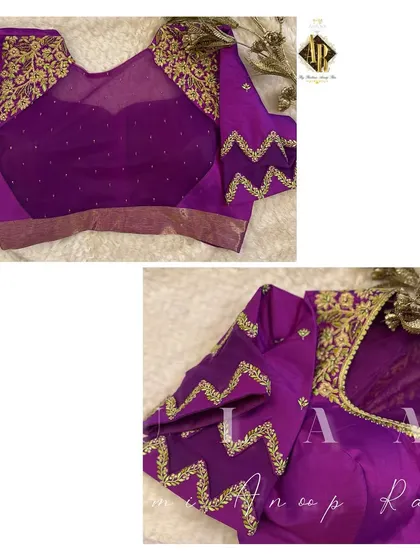 A purple blouse with a sheer yoke and chevron-patterned embroidery on the sleeves. This is a modern and stylish design for someone who wants to stand out.