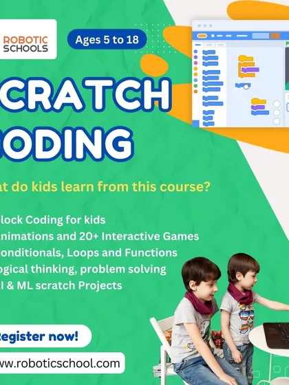 Our Scratch Coding course is perfect for beginners. Kids learn to code using colorful blocks to create animations and over 20 interactive games, developing logical thinking and problem-solving skills.