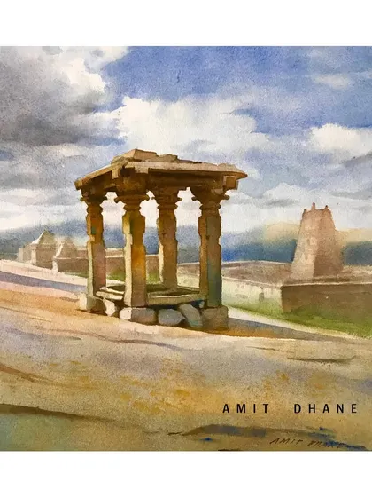 An older, small watercolour study of the ruins at Hampi. The dramatic clouds and the strong shapes of the stone pillars make for a powerful composition.