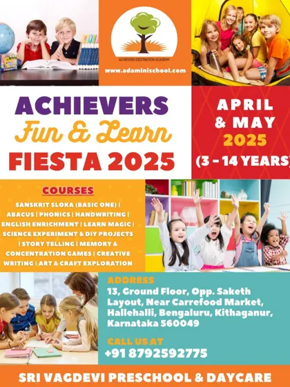 A colorful flyer for our Fun & Learn Fiesta 2025 in Hallehalli, Bangalore. It showcases the diverse courses available, from Sanskrit and Abacus to science experiments and art, for children aged 3-14.