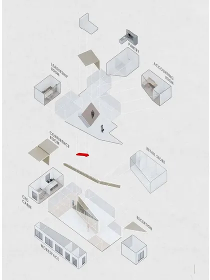 An exploded axonometric diagram of the Kadence Office interior. This drawing deconstructs the project into its constituent parts, showing how different functional zones are organized and connected within the two-level space.