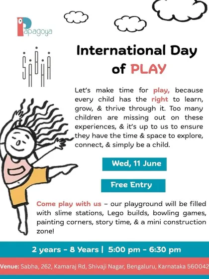 Our invitation to a free, open-to-all community event for International Day of Play, filled with slime stations, Lego builds, and painting corners.