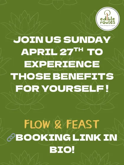 A call to action to join our "Flow & Feast" event to experience the benefits of yoga for gut health.