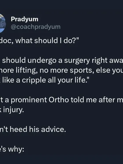 After a back injury, a prominent ortho told me to stop lifting and playing sports forever or I'd walk like a cripple. I didn't listen. Twelve years and zero surgeries later, I'm stronger than ever. This is my personal story about questioning extreme advice and taking ownership of my recovery.