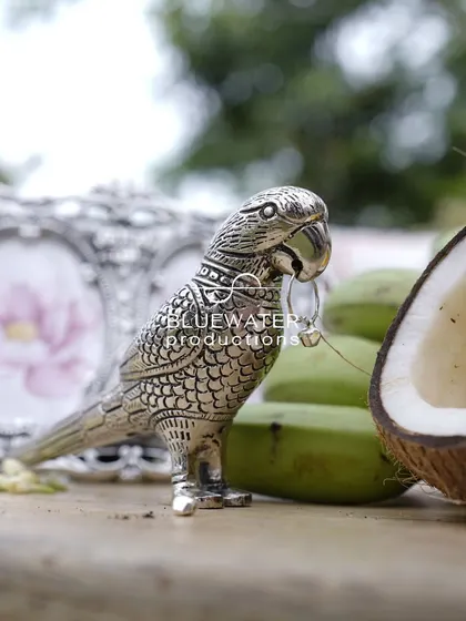 A close-up of a silver parrot figurine, another traditional prop used to add authenticity and charm.