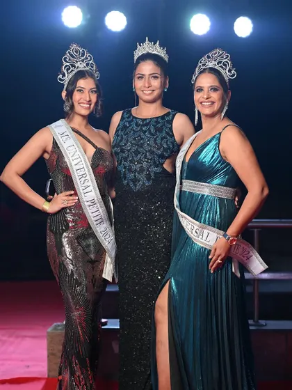 A group photo of three beauty pageant winners. This image celebrates their collective success and showcases the different winning looks.
