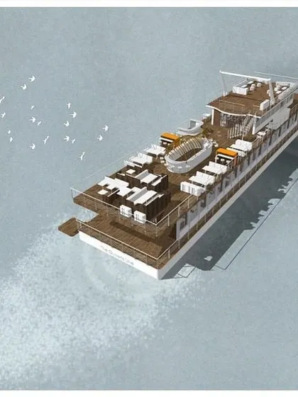 An aerial illustration of the Queensline Sea Yah, showing the layout of the open-air top deck. These conceptual drawings help us study the flow of space and the overall composition of the vessel in its marine environment.