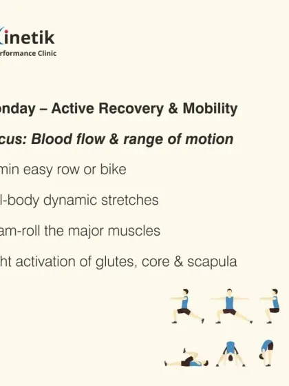 A HYROX race week starts with active recovery and mobility. The focus is on promoting blood flow and maintaining range of motion with easy cardio, dynamic stretches, and foam rolling.