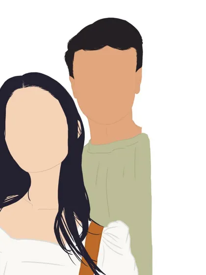 A simple and sweet faceless couple portrait, focusing on the clean lines and color blocks that define this modern illustration style.
