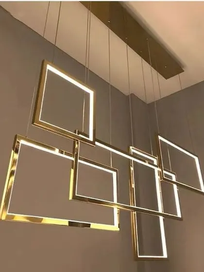 A modern LED pendant chandelier composed of five square rings. This fixture can be arranged in various configurations, offering a customizable and highly contemporary lighting solution for stairwells or dining areas.