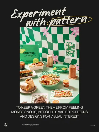 How to make a single color theme interesting: experiment with pattern. To keep this green-themed shoot from feeling monotonous, we introduced varied patterns like checkerboards to add visual interest.