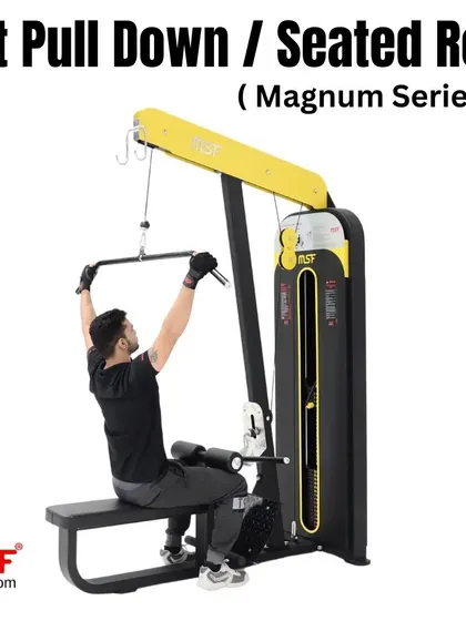 A user demonstrates a lat pulldown on the Magnum Series machine.