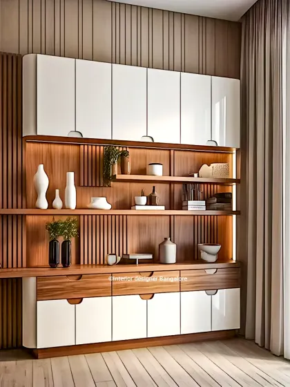 A large, contemporary storage cabinet with a mix of glossy white doors and open wooden shelves. The integrated lighting highlights the display sections, making it a stunning feature wall.