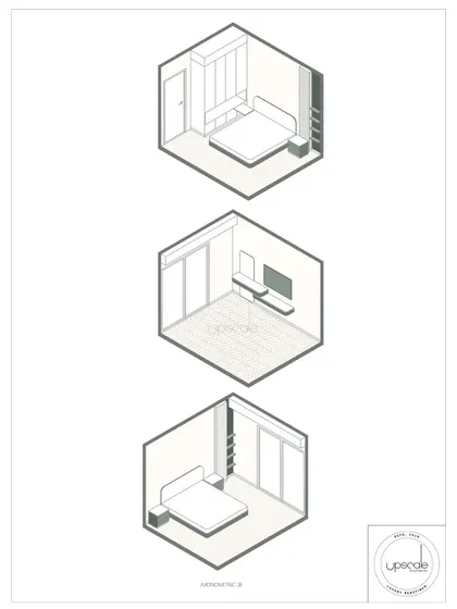 These axonometric views explore different layout possibilities for a bedroom, showing variations in wardrobe placement, bed orientation, and media unit design. This helps clients make informed decisions about their space.