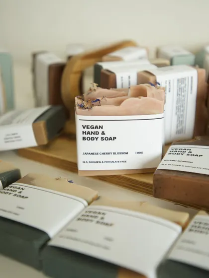 Another view from the packaging table, with a Japanese Cherry Blossom bar front and center.