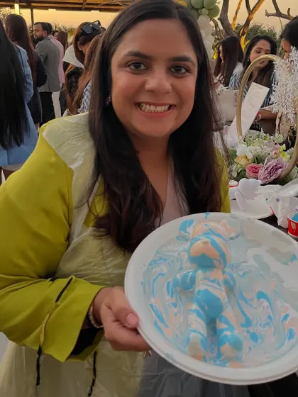 A beautiful pastel blue and pink fluid art bear, created as a special gift at a baby shower. The marbling effect of the paint is simply mesmerizing.