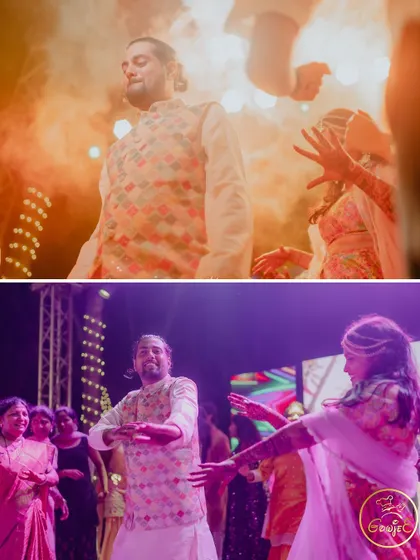 A collage of the groom dancing with guests at the Sangeet, capturing the party's energy.