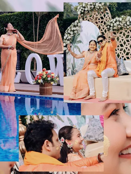 A creative collage from a Haldi ceremony, blending portraits with close-ups of the couple's happy faces.