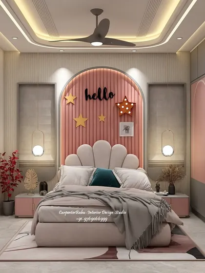 A repeat of the playful kids' room (ID 67) with the "hello" sign and shell-shaped headboard.