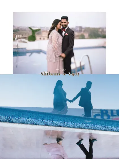 A creative engagement portrait using reflections in the pool. The upside-down reflection adds an artistic and surreal quality to this unique couple's shot.
