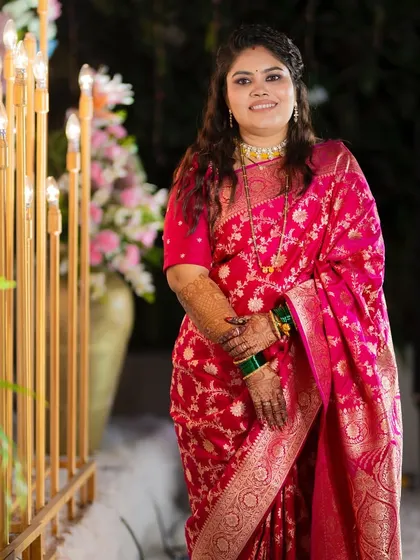 The full look, showcasing the beautiful saree and the soft, glamorous makeup. A perfect style for a reception.