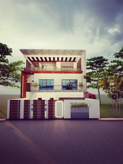 The full frontal elevation of the luxury villa, showing the symmetrical design of the main gate and the expansive terrace on the top floor.